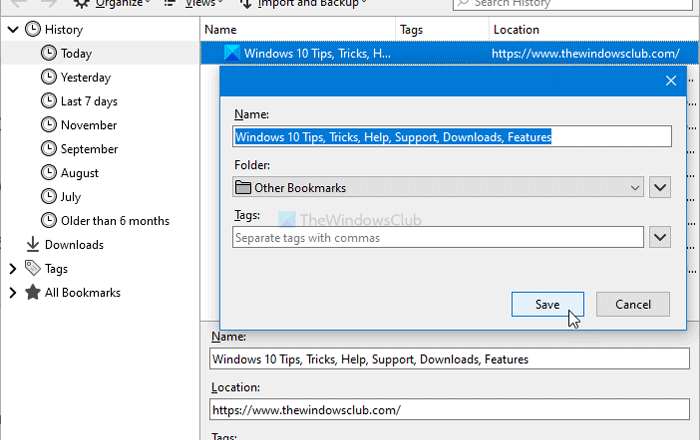 How to bookmark pages from Firefox browsing history