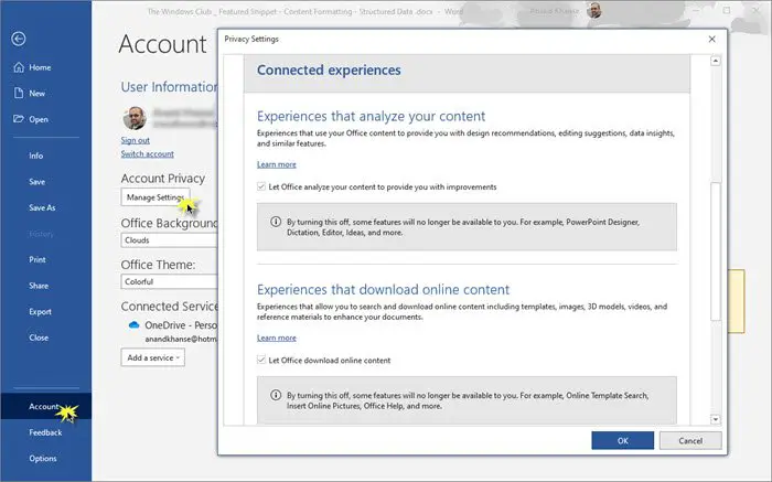 How to change Account Privacy settings in Microsoft Office