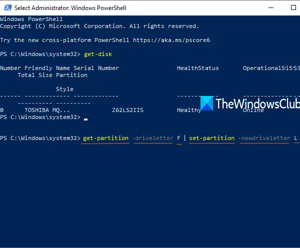 change drive letter using elevated powershell