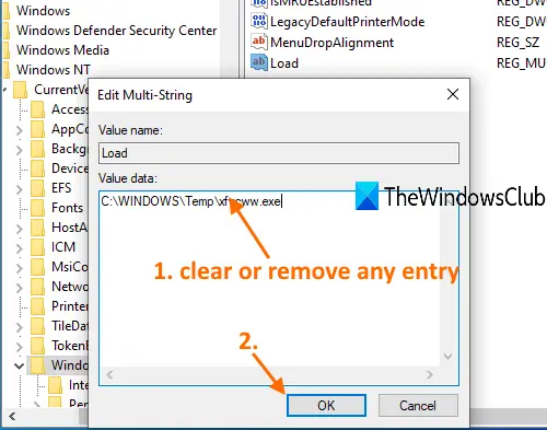 clear any entry in value data box and press ok