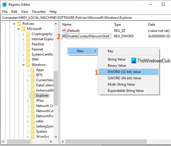 create disablecontextmenusinstart dword value