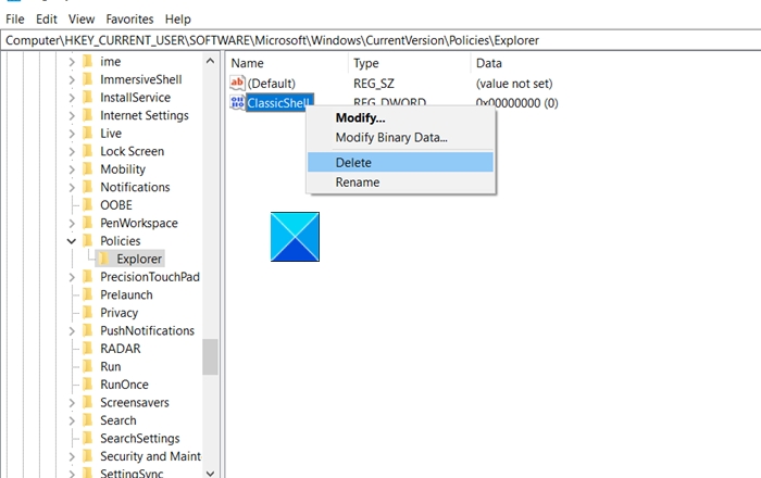 Delete Classic Shell Entry