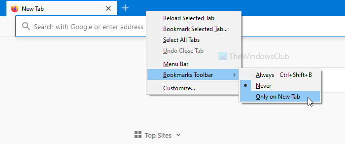 How to enable Firefox Bookmarks toolbar only on new tab page