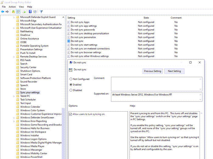 group policy enable sync windows 10 settings