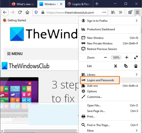 open firefox menu and use logins and passwords option