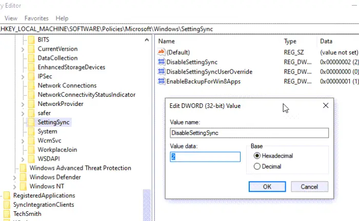 registry method to enable sync windows 10 settings