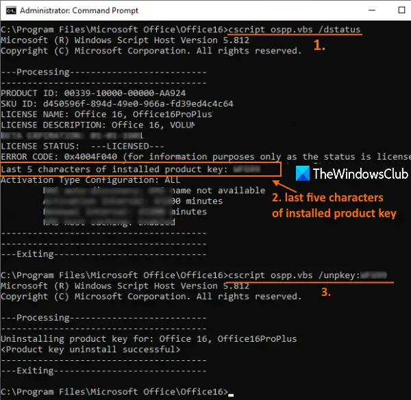 see license status and last 5 characters and uninstall ms office product key
