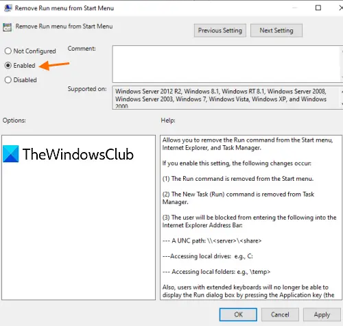 enable or disable run menu in windows 10