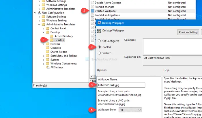 How to set desktop wallpaper using Group Policy or Registry Editor