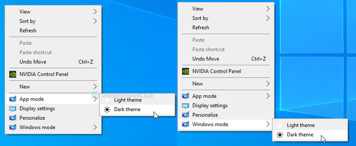 How to toggle Light or Dark mode in Windows 10 from context menu