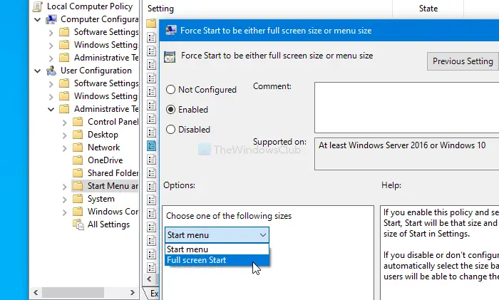 How to turn on full screen Start Menu in Windows 10