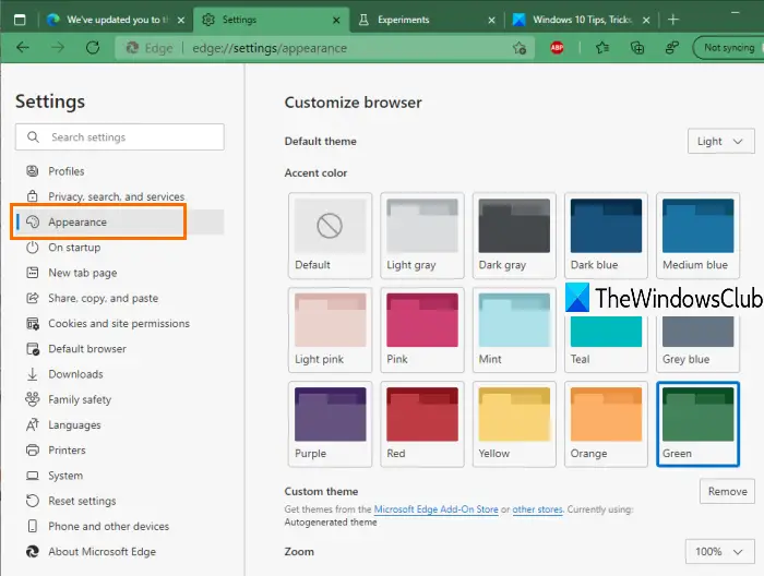 Enable and use Accent Color in Microsoft Edge