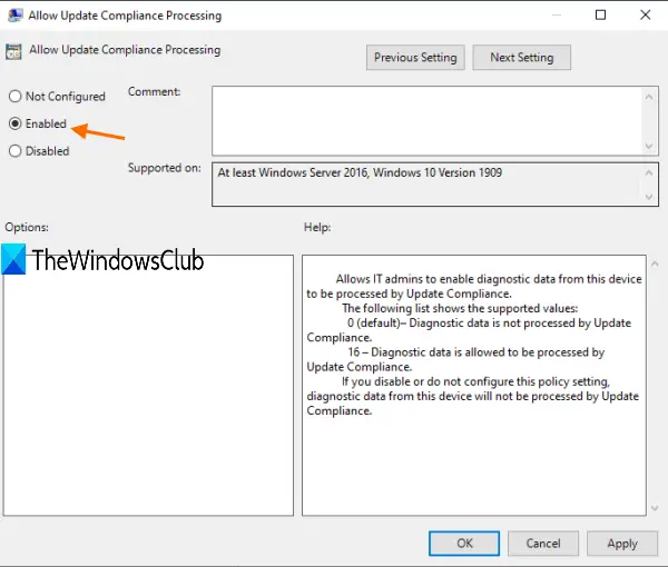 use enabled to allow update compliance processing