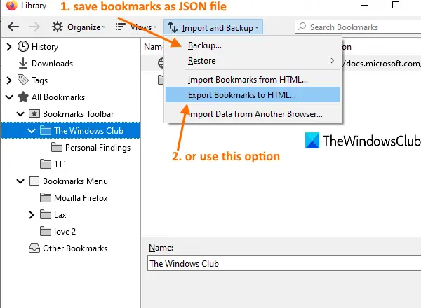 backup or export bookmarks from firefox