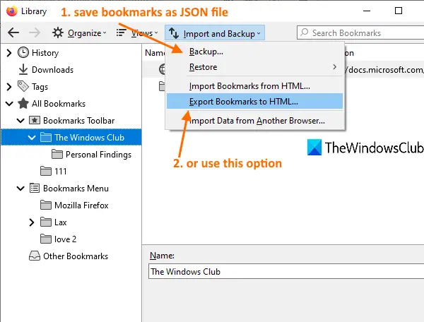 use import and backup menu to export firefox bookmarks