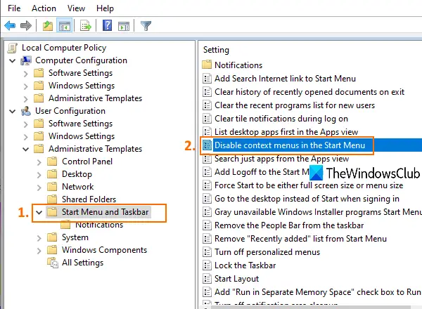 enable or disable right-click menus in start menu of windows 10