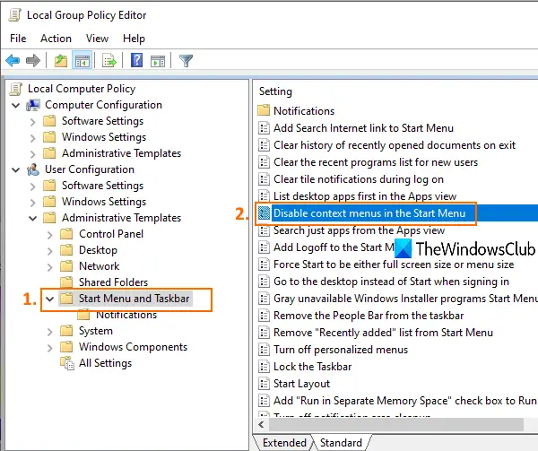 Disable Right-Click Context Menu in Start Menu of Windows 10