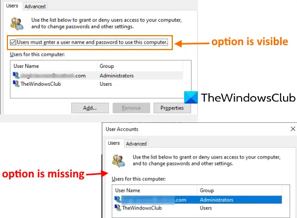 users must enter a user name and password to use this computer is missing in windows 10