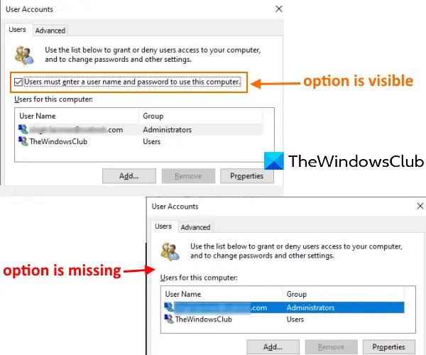 users must enter a user name and password to use this computer is missing in windows 10