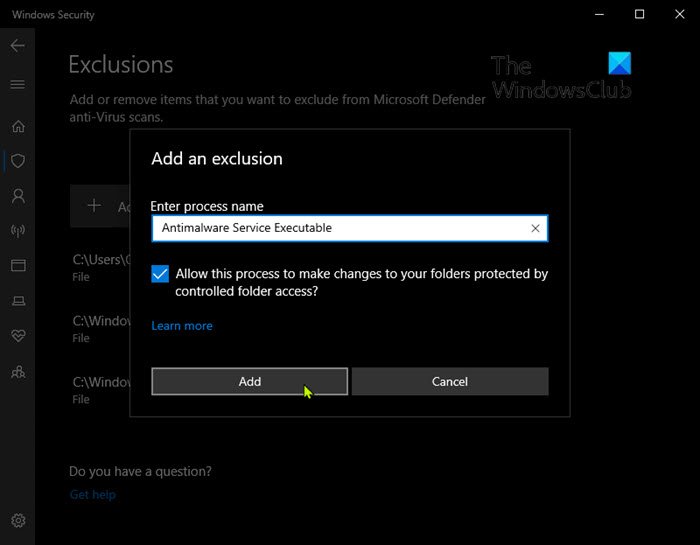 Add Antimalware Service Executable to Windows Defender exclusion list