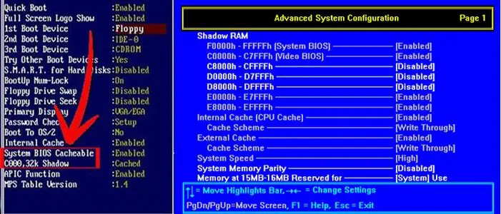 hoe BIOS-Cache of Shadowing uit te schakelen?