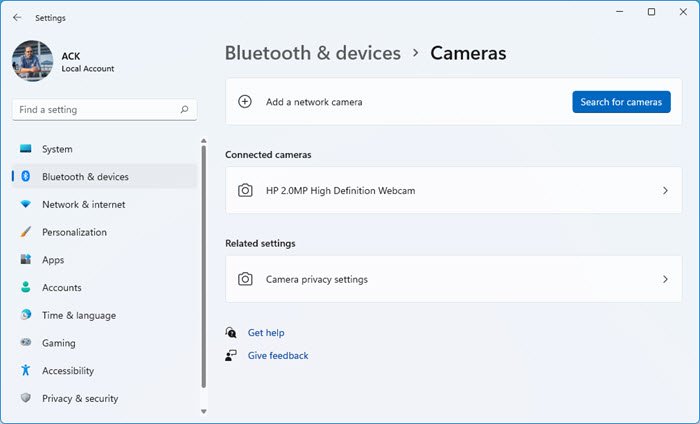 Change default Webcam in Windows 11