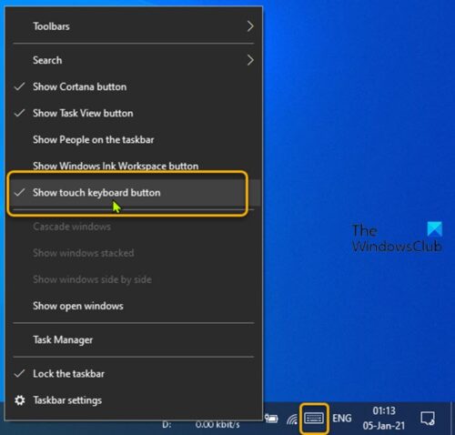 Hide or Show Touch Keyboard Button via Taskbar Context Menu