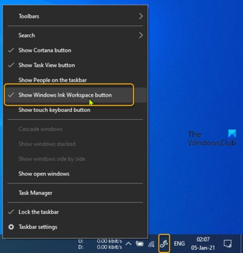 Hide or Show Windows Ink Workspace Button via Taskbar Context Menu