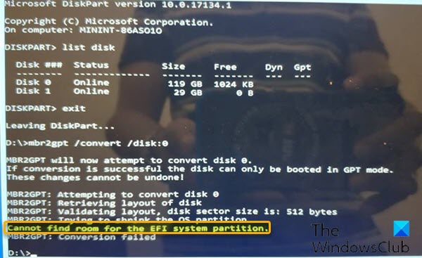 MBR2GPT cannot find room for the EFI system partition