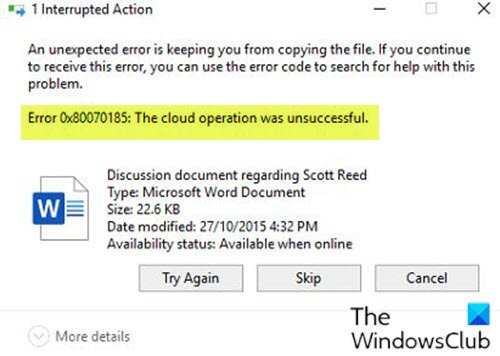 OneDrive Error 0x80070185, The cloud operation was unsuccessful