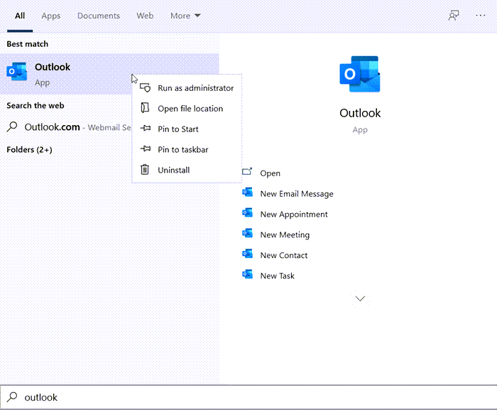 Откройте расположение Outlook в Windows 10