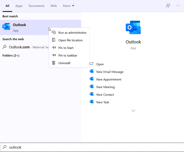 Open Outlook Location in Windows 10