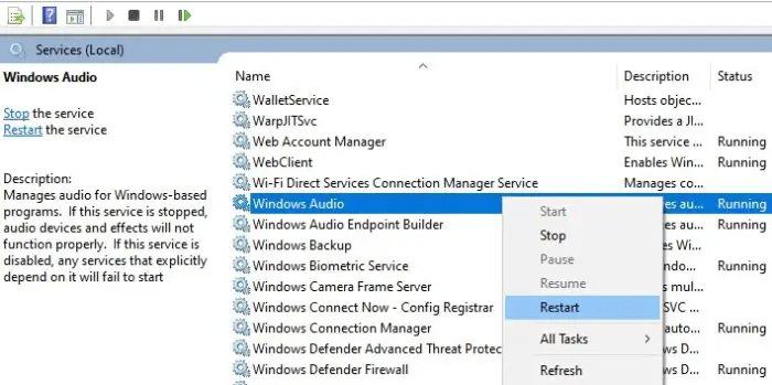 Restart Windows Audio Service
