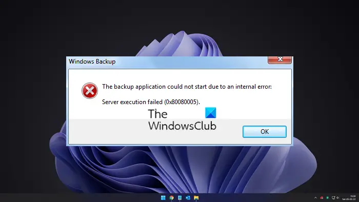 The backup application could not start due to an internal error, Server execution failed (0x80080005)