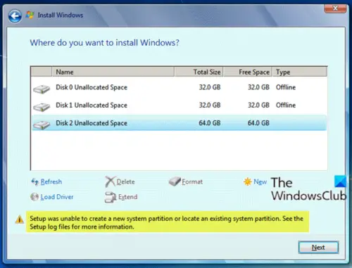 Setup was unable to create a new system partition or locate an existing system partition