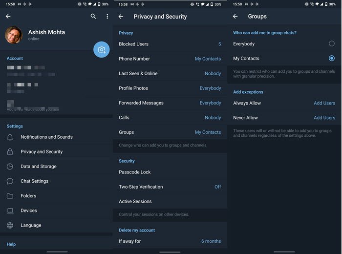 Telegram Privacy Settings