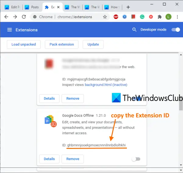 access Extensions manager page and copy an extension ID