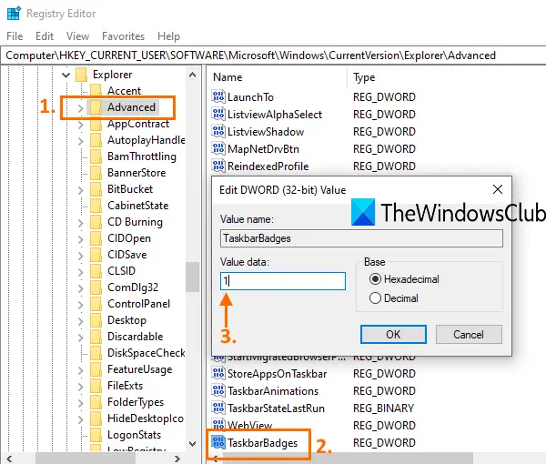 access advanced key create taskbarbadges value and set value data to 1