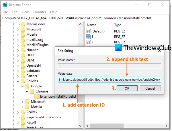 add extension id and given text in value data field