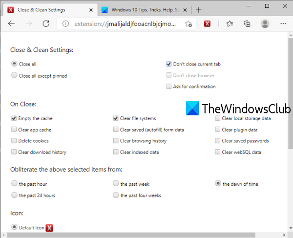 adjust close and clean edge browser add-on settings