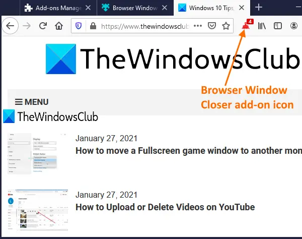 close firefox windows using Browser Window Closer add-on