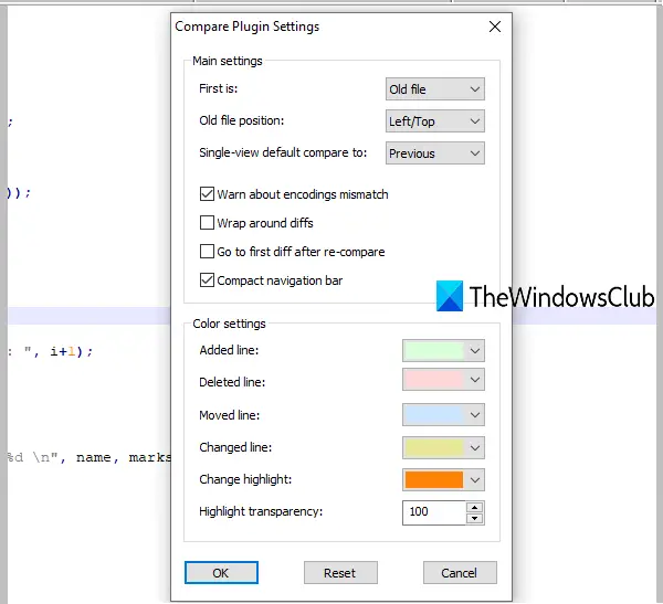 compare plugin settings