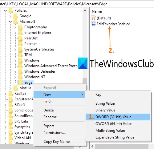 create EditFavoritesEnabled dword value in Edge key