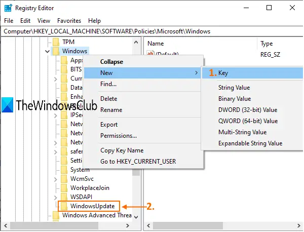 create WindowsUpdate key under Windows key