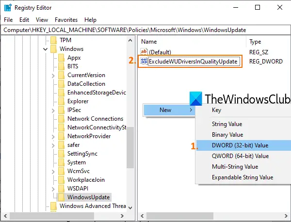 create dword value and name it ExcludeWUDriversInQualityUpdate