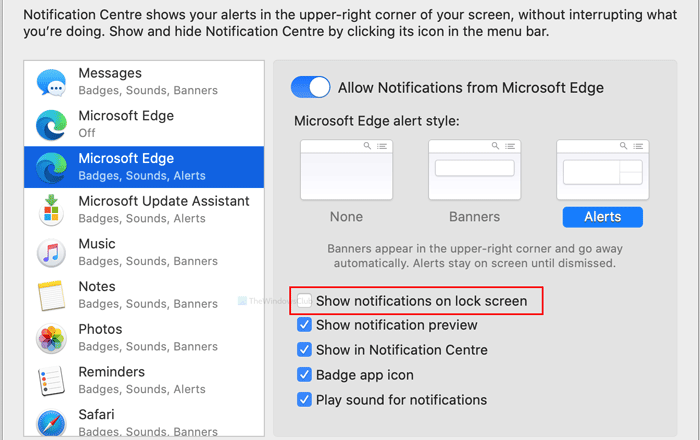 How to disable Microsoft Edge notifications on lock screen on macOS