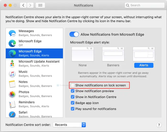 How to disable Microsoft Edge notifications on lock screen on macOS