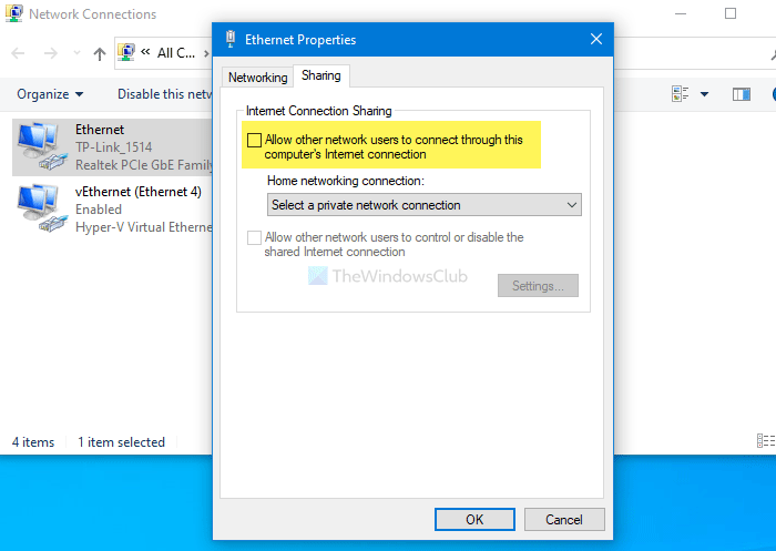 how to disable internet connection sharing windows 10
