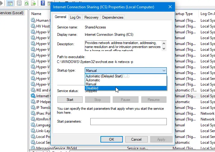 Как отключить общий доступ к подключению к Интернету (ICS) в Windows 10