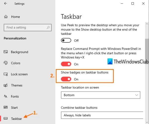 enable show badges on taskbar buttons option